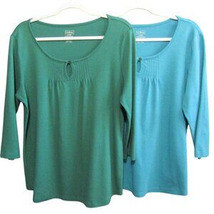 LL Bean Lot of 2 Supima Cotton Pleated Keyhole Tops Womens Size L Green Blue